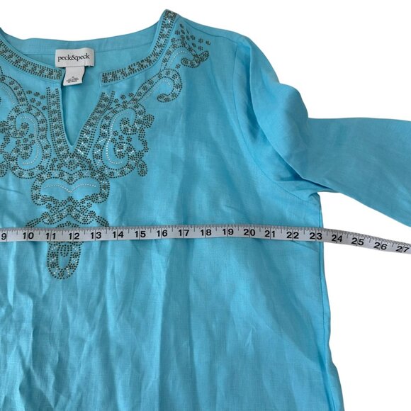 Peck & Peck Blue Embroidered Linen Tunic Top 3/4 Sleeves & Split Neckline-SZ XL - Picture 4 of 12